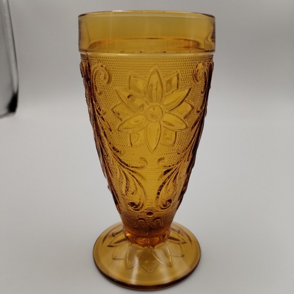 Vintage Indiana Glass Amber Sandwich Pattern Footed Water Goblets 6" Set of 2 - Picture 2 of 9